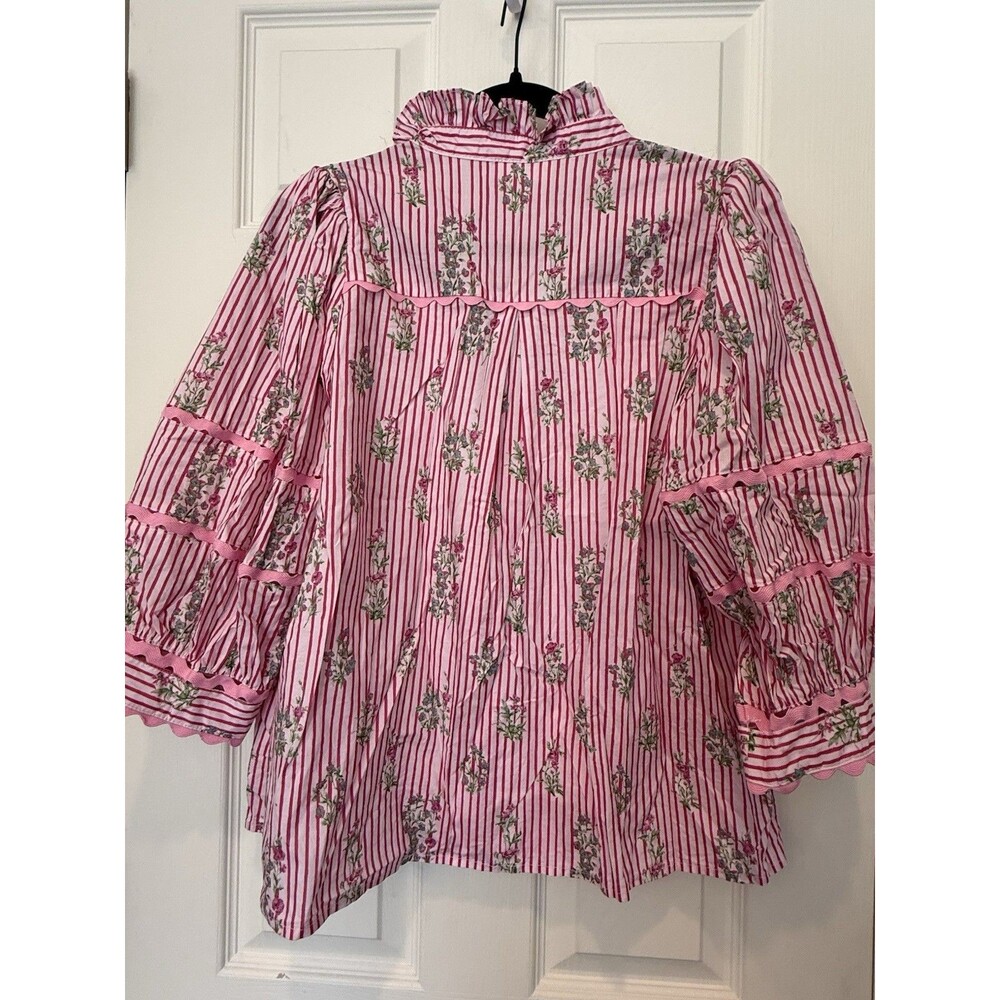 Entro Medium Pink Floral Stripe Cotton Ruffle Bell Sleeve Blouse Top EUC - Picture 2 of 11